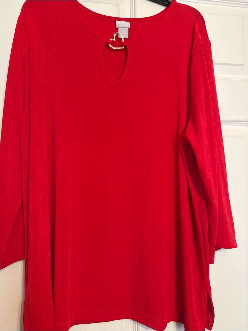 Chico's Red Long-Sleeve Top with Gold Ring Keyhole